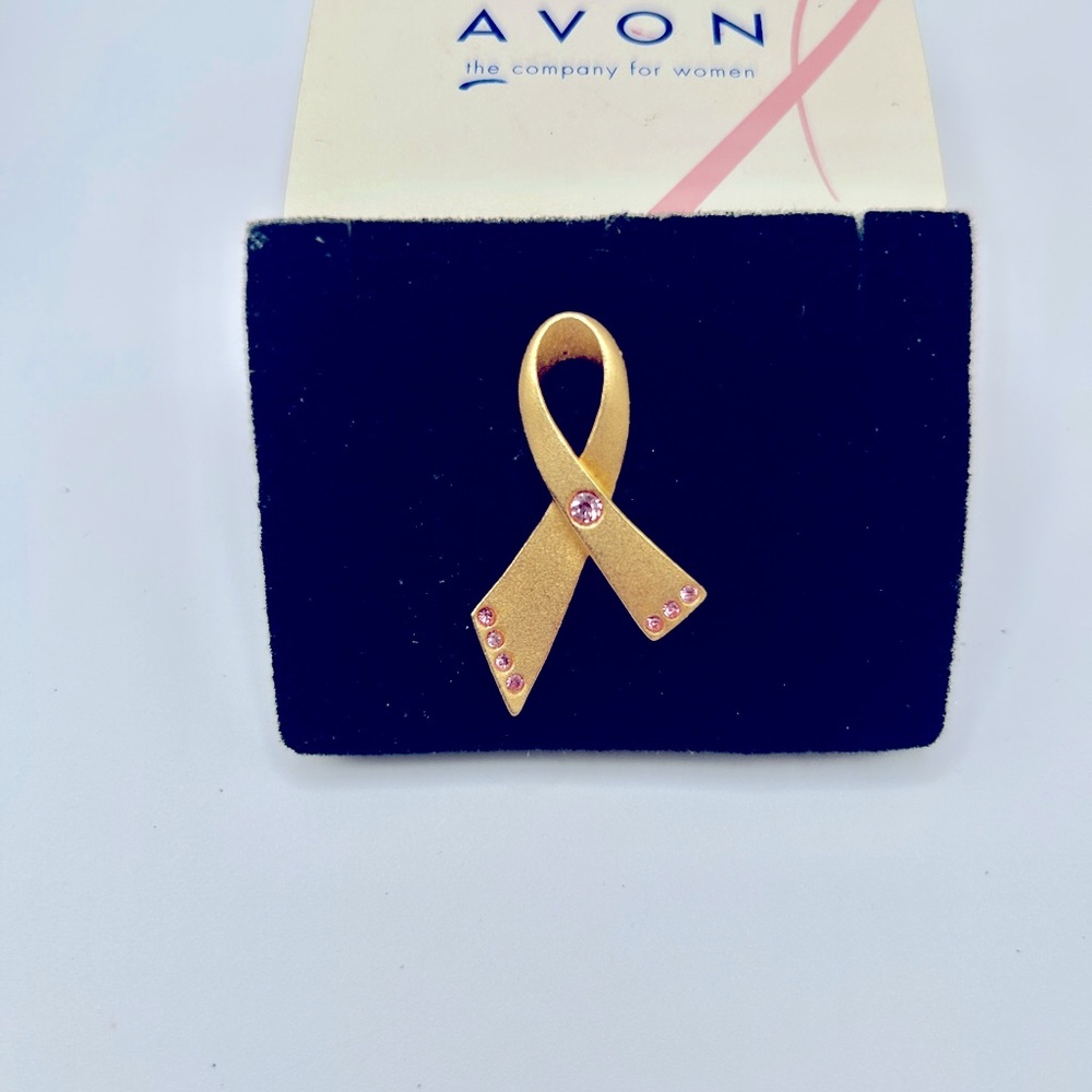 Avon Gold & Pink Crystal Ribbon Brooch